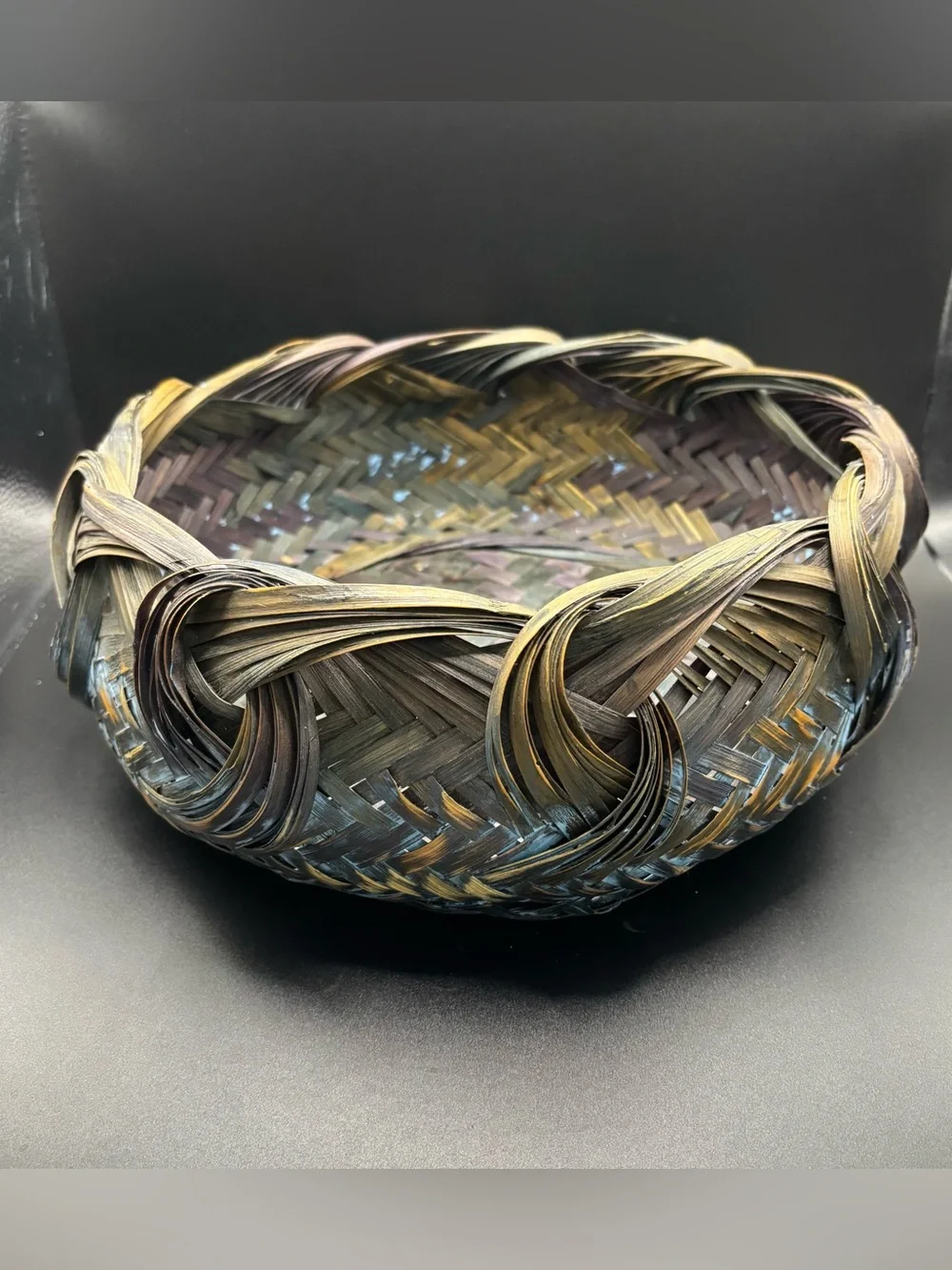 Vintage Japanese Ikebana Style Woven Bamboo Basket Bowl Smoked Patina